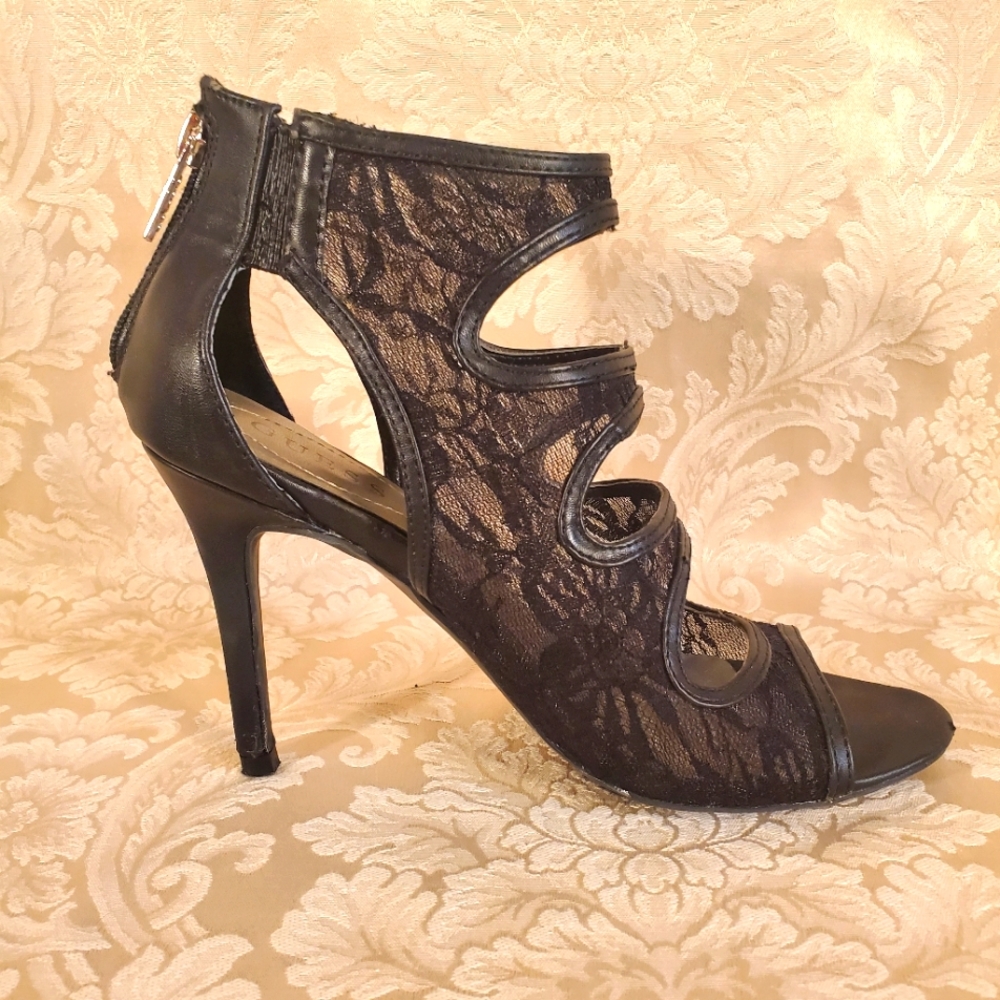 Black Lace Guess Cut Out Zip Heel Peep Toe Sandals Pumps